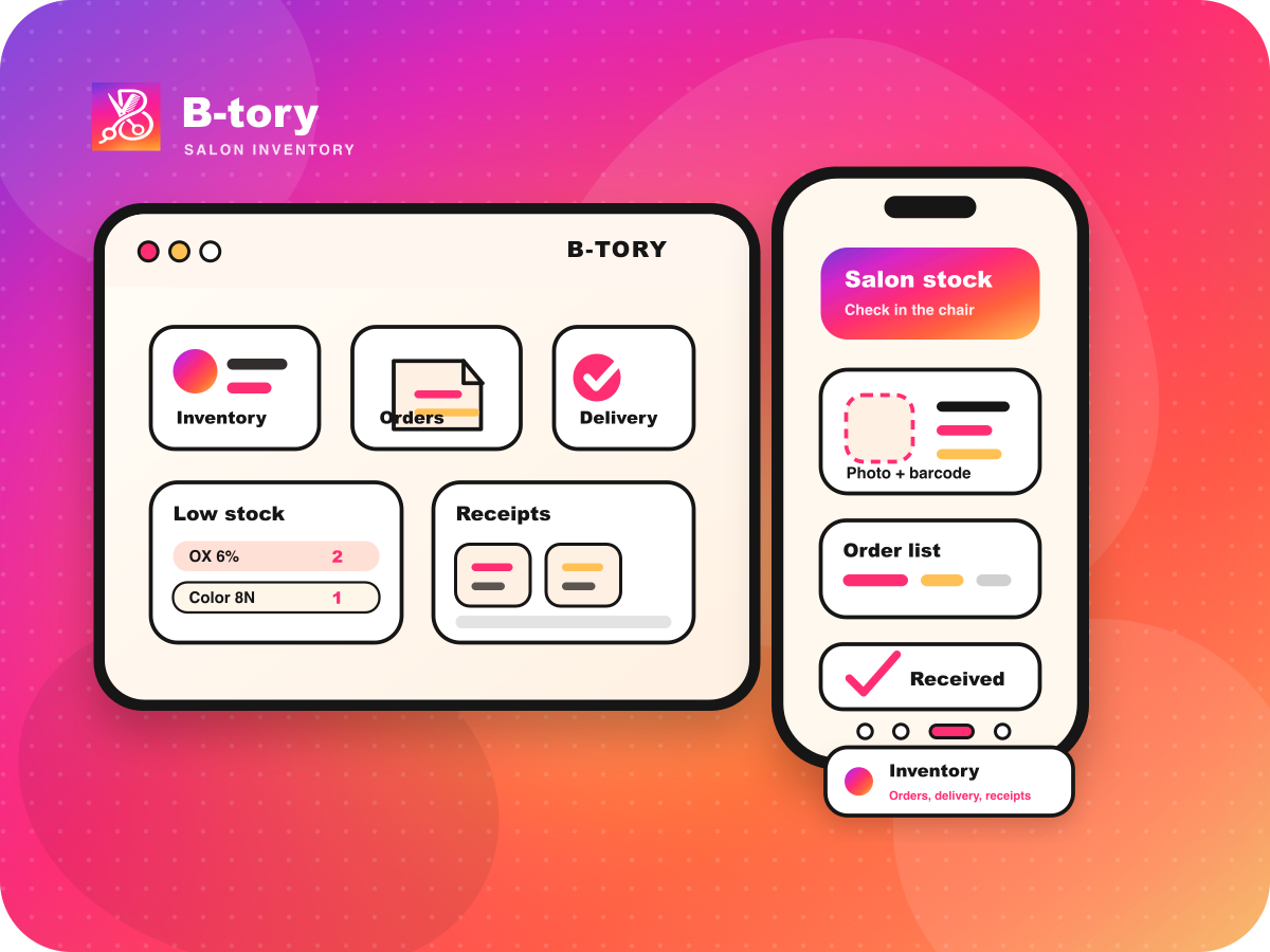 B-tory app shown on phone and tablet screens